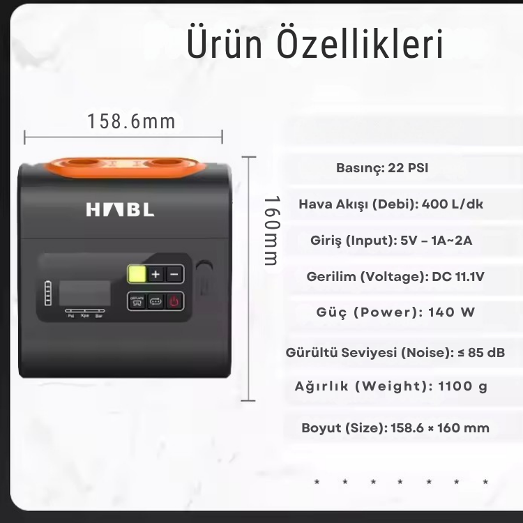 HABL Şarjlı Dijital Güçlü Hava Pompası – 22 PSI (1.5 BAR)