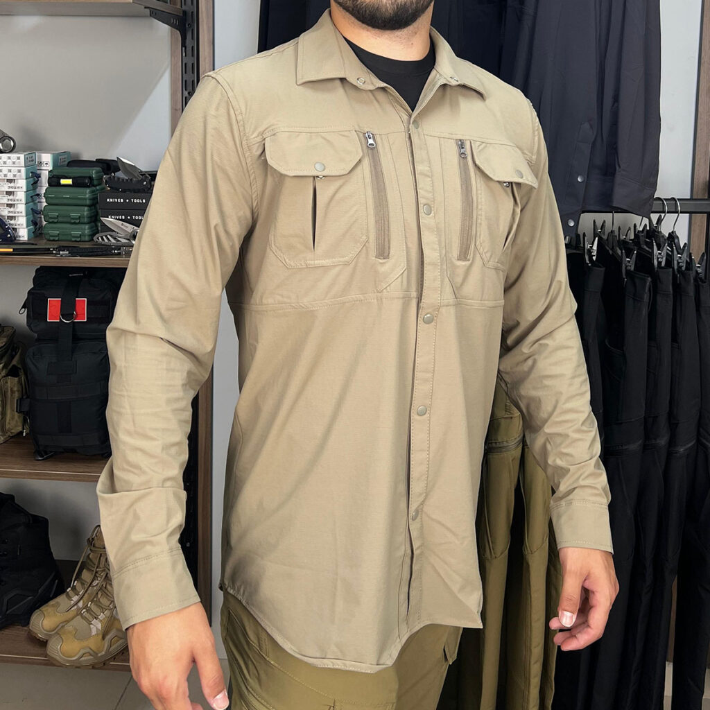 Likralı Bej Taktik Gömlek - XL